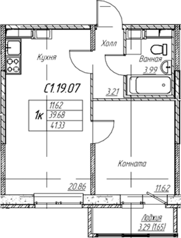 1-комнатная квартира 41.33 м², 19/22 эт., ЖК «Парк-квартал Юнтолово»